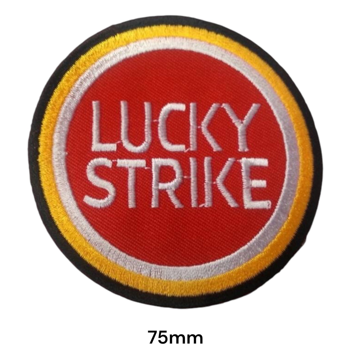 Lucky Strike Logo Round Embroidered Patch 75mm – White, Red, Yellow & Black