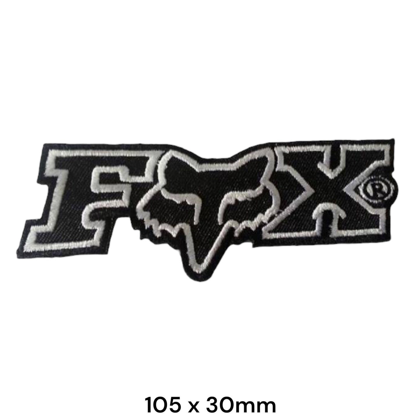 Fox Racing Logo with Fox Head Die-Cut Embroidered Patch 105x30mm – White/Silver & Black