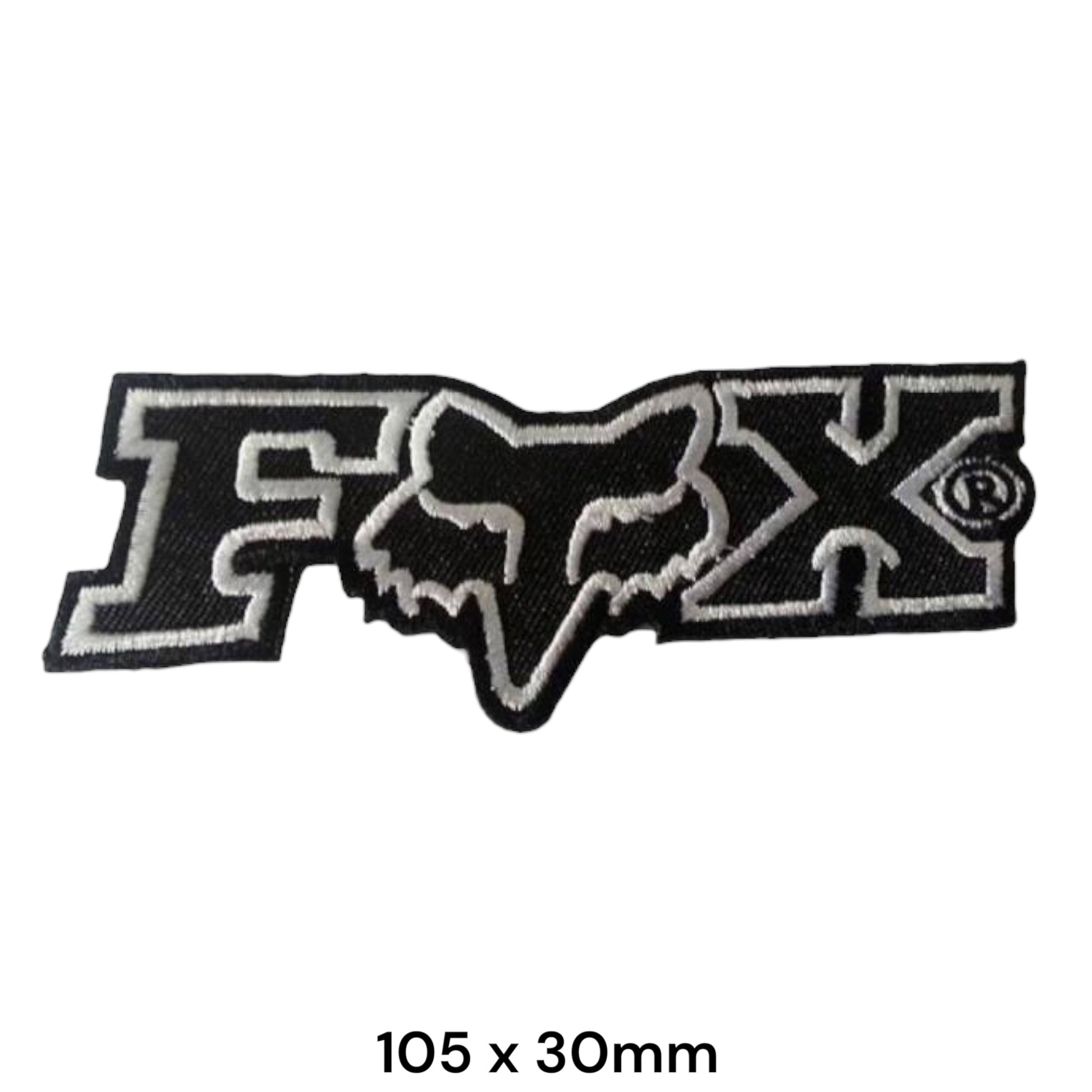 Fox Racing Logo with Fox Head Die-Cut Embroidered Patch 105x30mm – White/Silver & Black