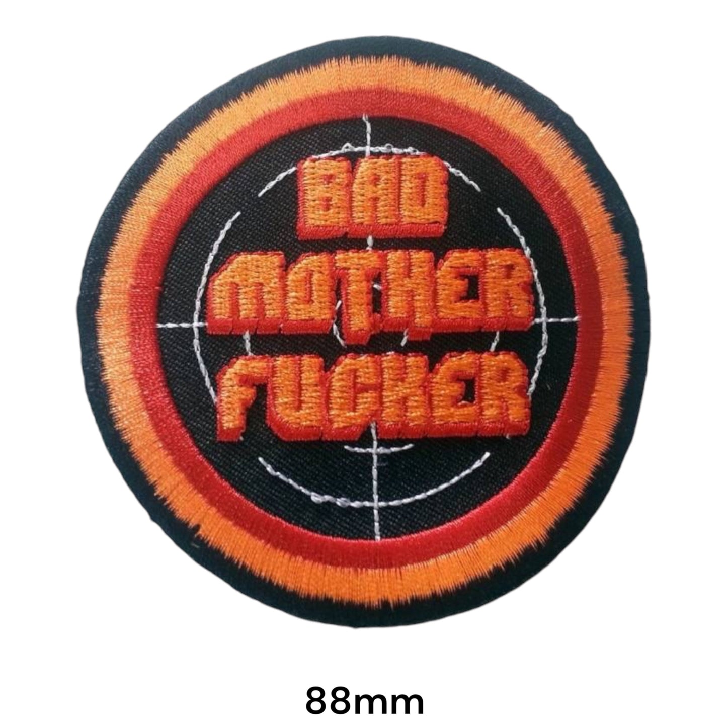 Bad Mother F*cker Pulp Fiction Crosshair Round Embroidered Patch 88mm – Orange, Red & Black