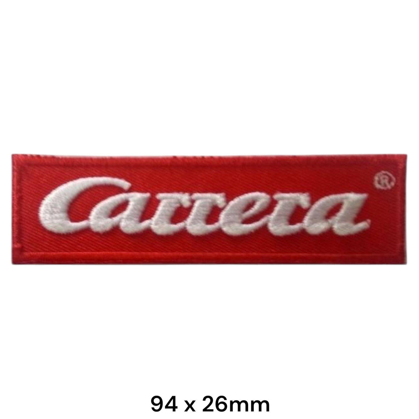 Carrera Script Logo Rectangular Embroidered Patch 94x26mm – White & Red
