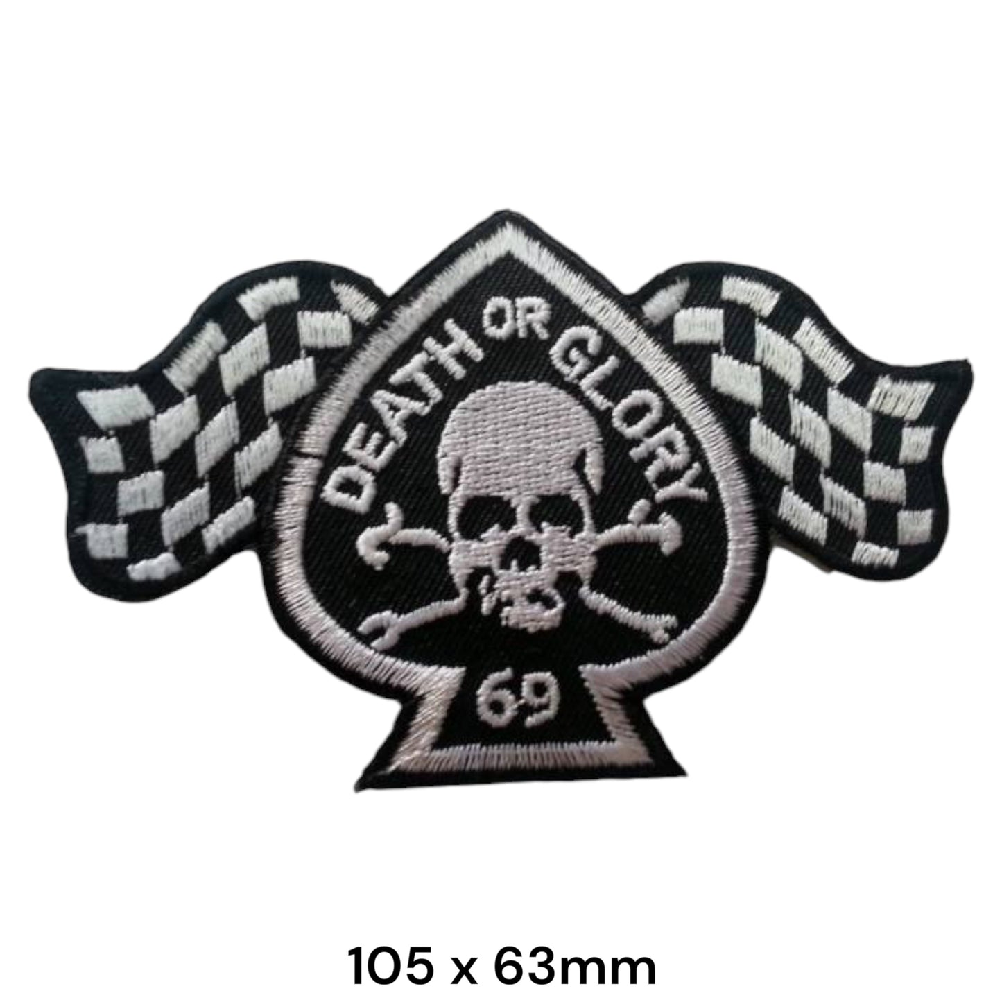 Death or Glory 69 Skull Crossbones Ace of Spades Chequered Flags Die-Cut Embroidered Patch 105x63mm – White/Silver & Black