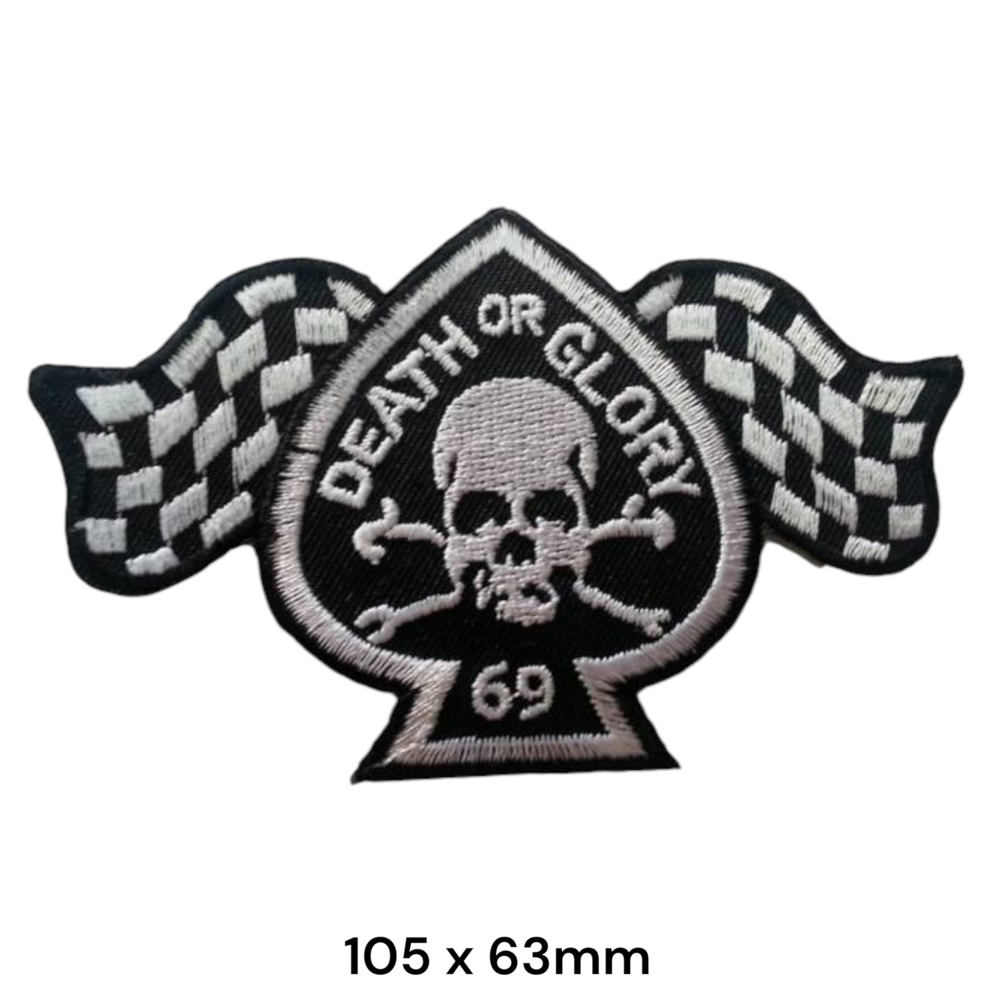 Death or Glory 69 Skull Crossbones Ace of Spades Chequered Flags Die-Cut Embroidered Patch 105x63mm – White/Silver & Black