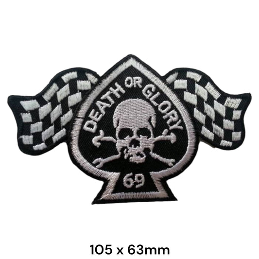 Death or Glory 69 Skull Crossbones Ace of Spades Chequered Flags Die-Cut Embroidered Patch 105x63mm – White/Silver & Black