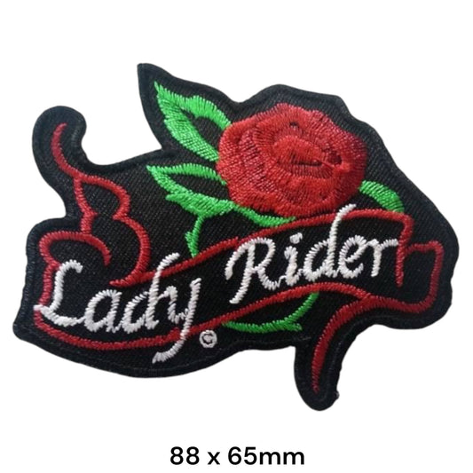 Lady Rider Rose Banner Die-Cut Embroidered Patch 88x65mm – Red, Green, White & Black