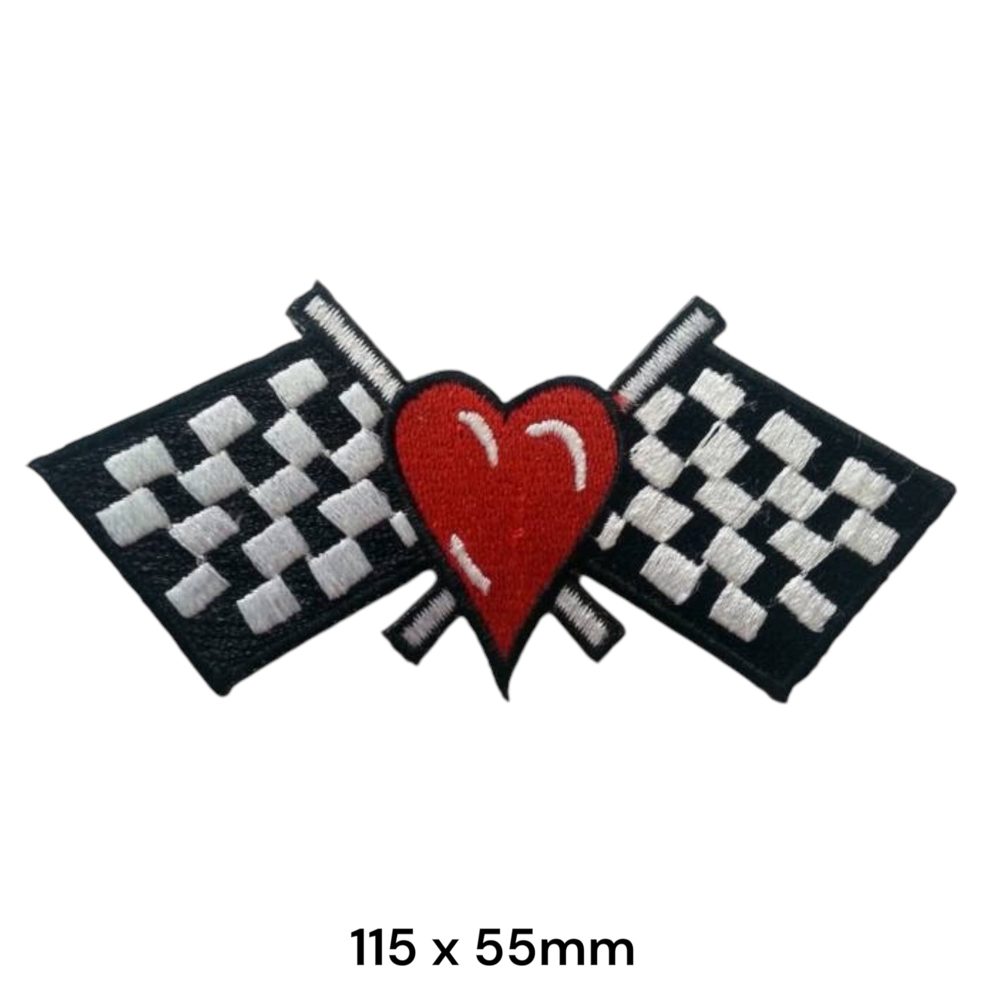 Racing Heart Chequered Flags Die-Cut Embroidered Patch 115x55mm – Red, White & Black