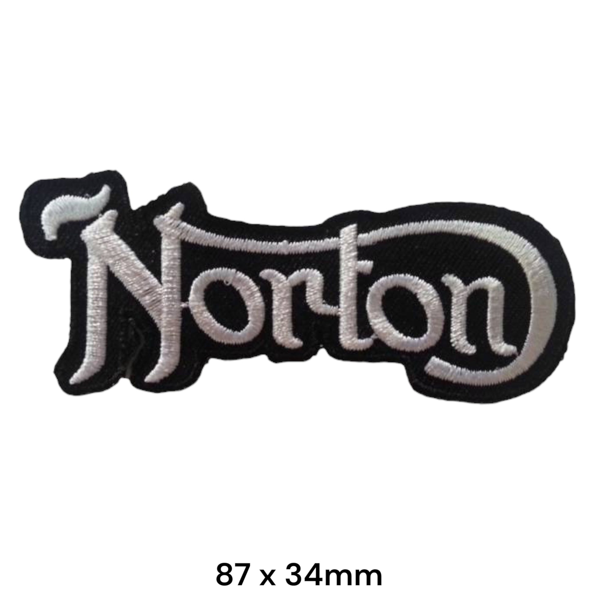 Norton Script Logo Die-Cut Embroidered Patch 87x34mm – White/Silver & Black