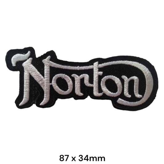 Norton Script Logo Die-Cut Embroidered Patch 87x34mm – White/Silver & Black
