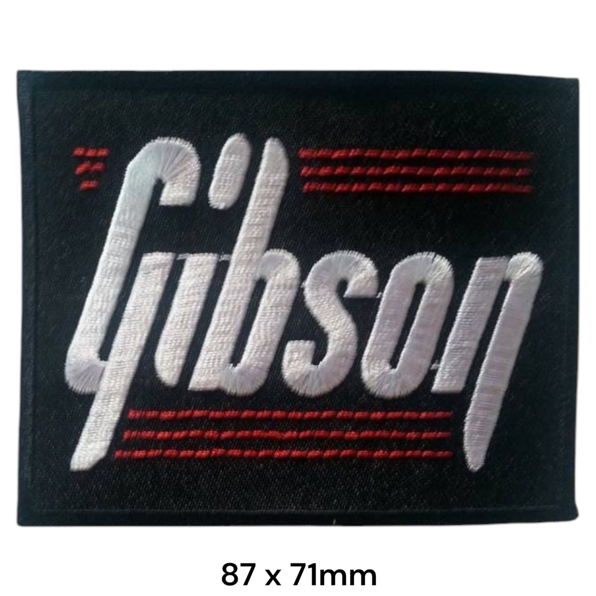 Gibson Script Logo with Speed Lines Rectangular Embroidered Patch 87x71mm – White/Silver, Red & Black