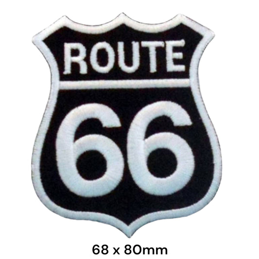 Route 66 Highway Shield Die-Cut Embroidered Patch 68x80mm – White & Black