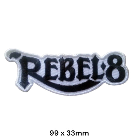 Rebel 8 Gothic Script Logo Die-Cut Embroidered Patch 99x33mm – White & Black
