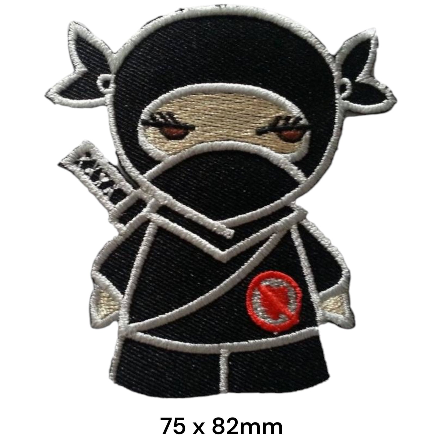 Cute Ninja Warrior with Katana Die-Cut Embroidered Patch 75x82mm – Black, White, Beige & Red