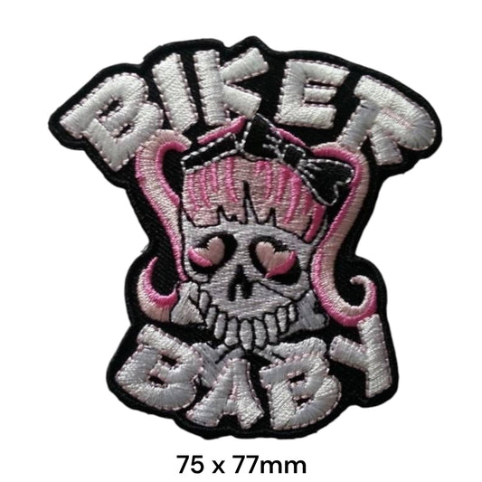 Biker Baby Skull with Bow Die-Cut Embroidered Patch 75x77mm – White/Silver, Pink & Black