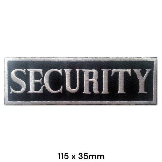 Security Text Rectangular Embroidered Patch 115x35mm – White/Silver & Black