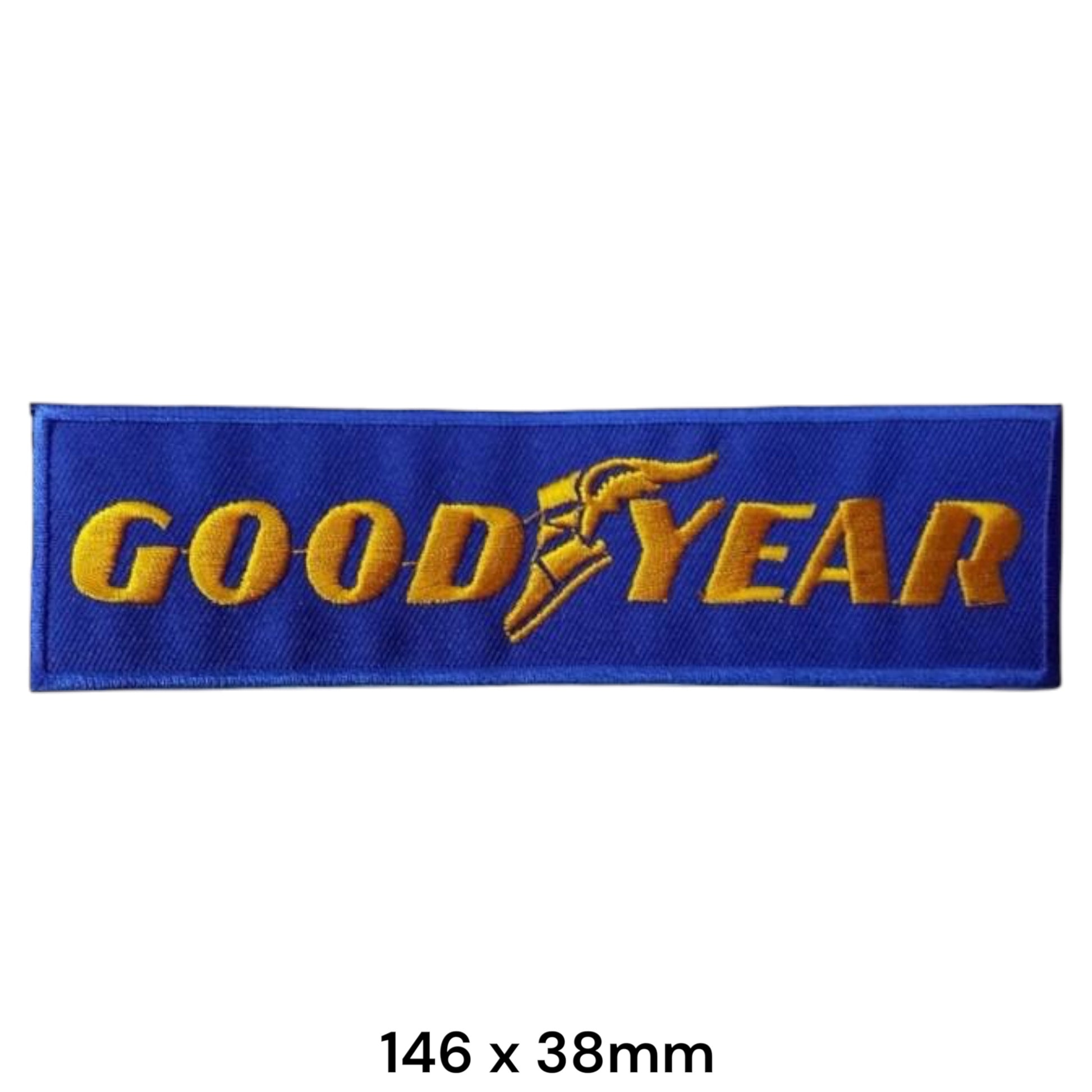 Goodyear Logo with Winged Foot Rectangular Embroidered Patch 146x38mm – Yellow/Gold & Blue