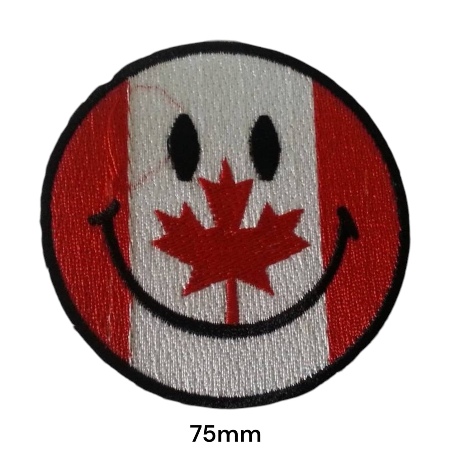 Canada Flag Smiley Face Round Embroidered Patch 75mm – Red, White & Black