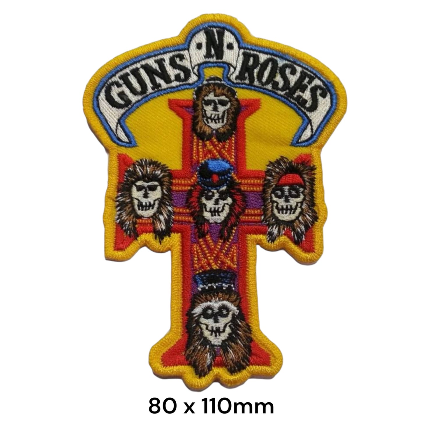Guns N' Roses Appetite for Destruction Cross Skulls Die-Cut Embroidered Patch 80x110mm – Yellow, Red, Blue, Brown & White