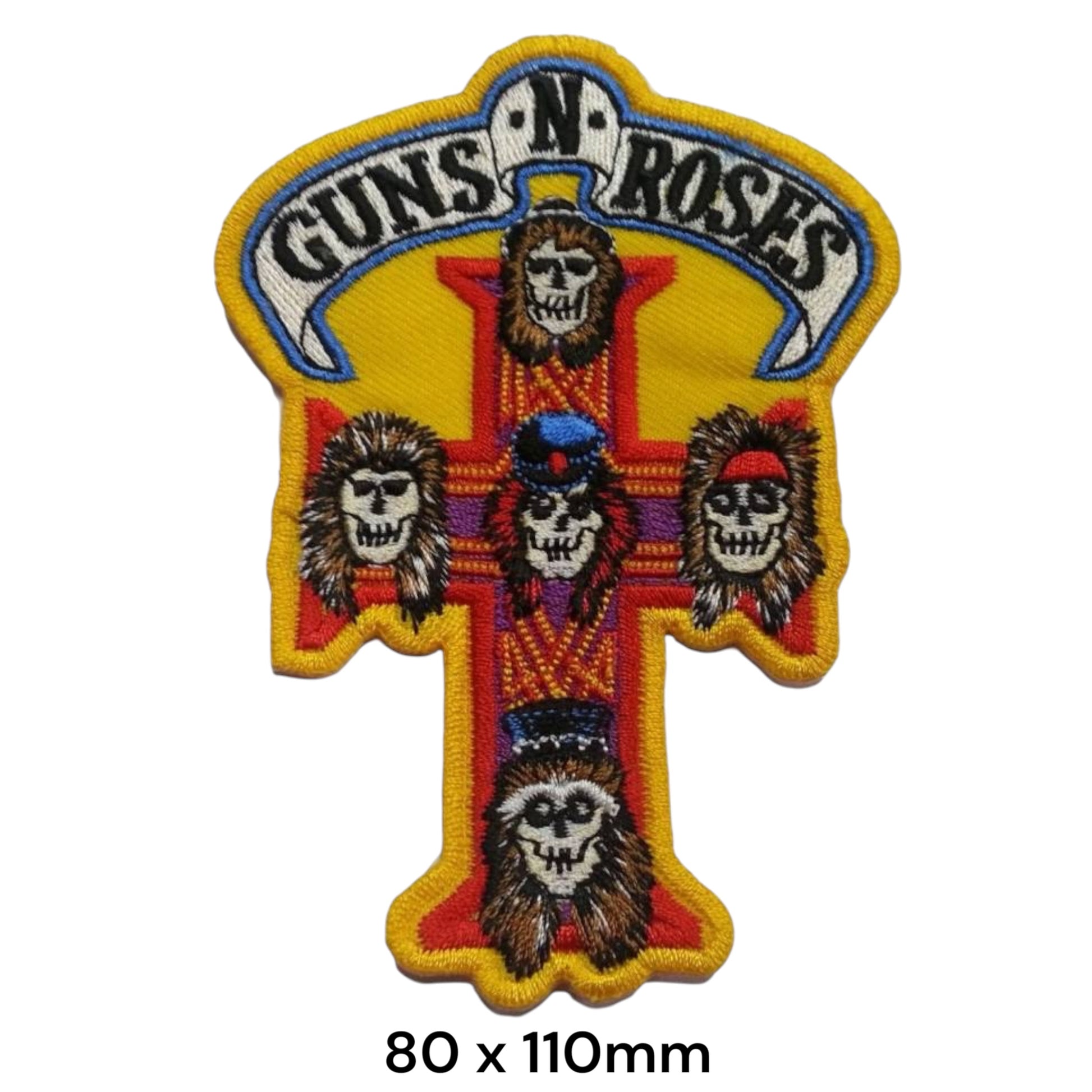 Guns N' Roses Appetite for Destruction Cross Skulls Die-Cut Embroidered Patch 80x110mm – Yellow, Red, Blue, Brown & White