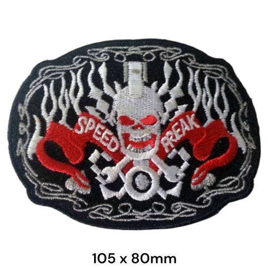 Speed Freak Skull Crossbones Flames Oval Embroidered Patch 105x80mm – White/Silver, Red & Black