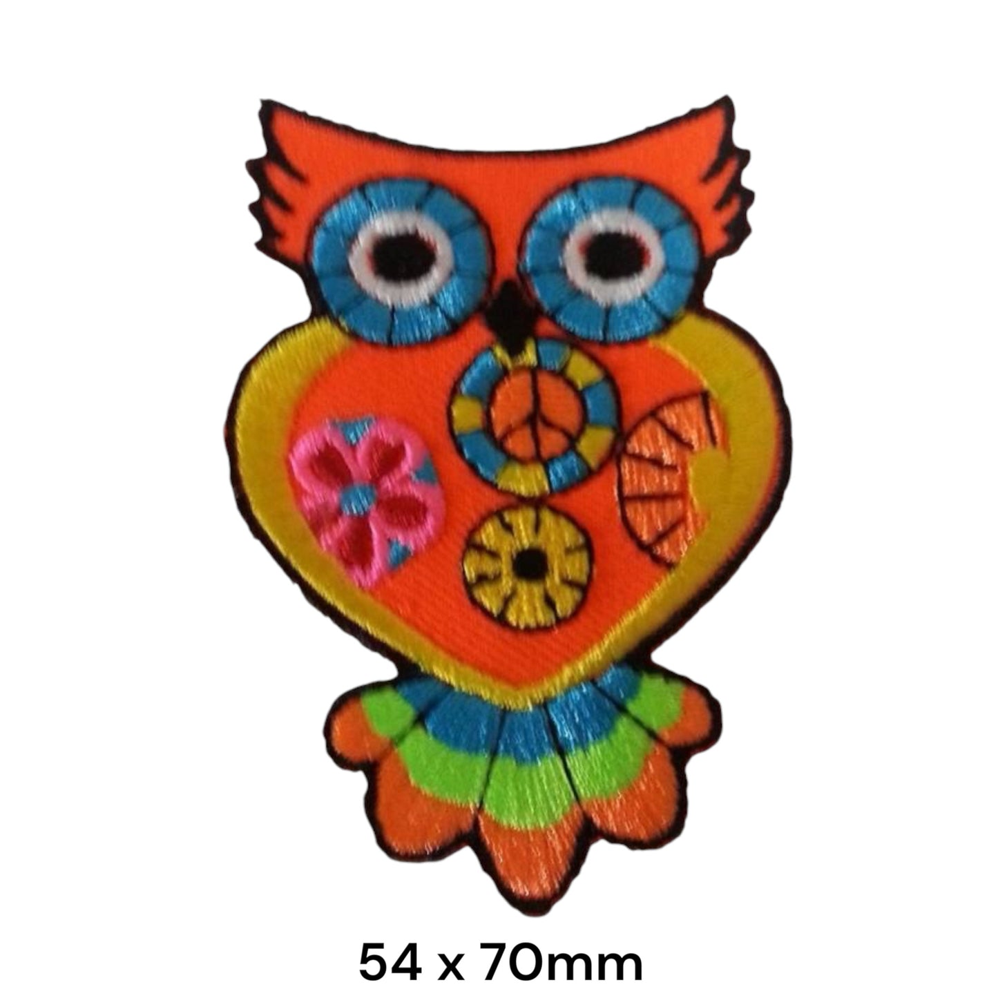 Psychedelic Hippie Owl with Peace Sign Die-Cut Embroidered Patch 54x70mm – Orange, Blue, Yellow, Pink, Green & Black
