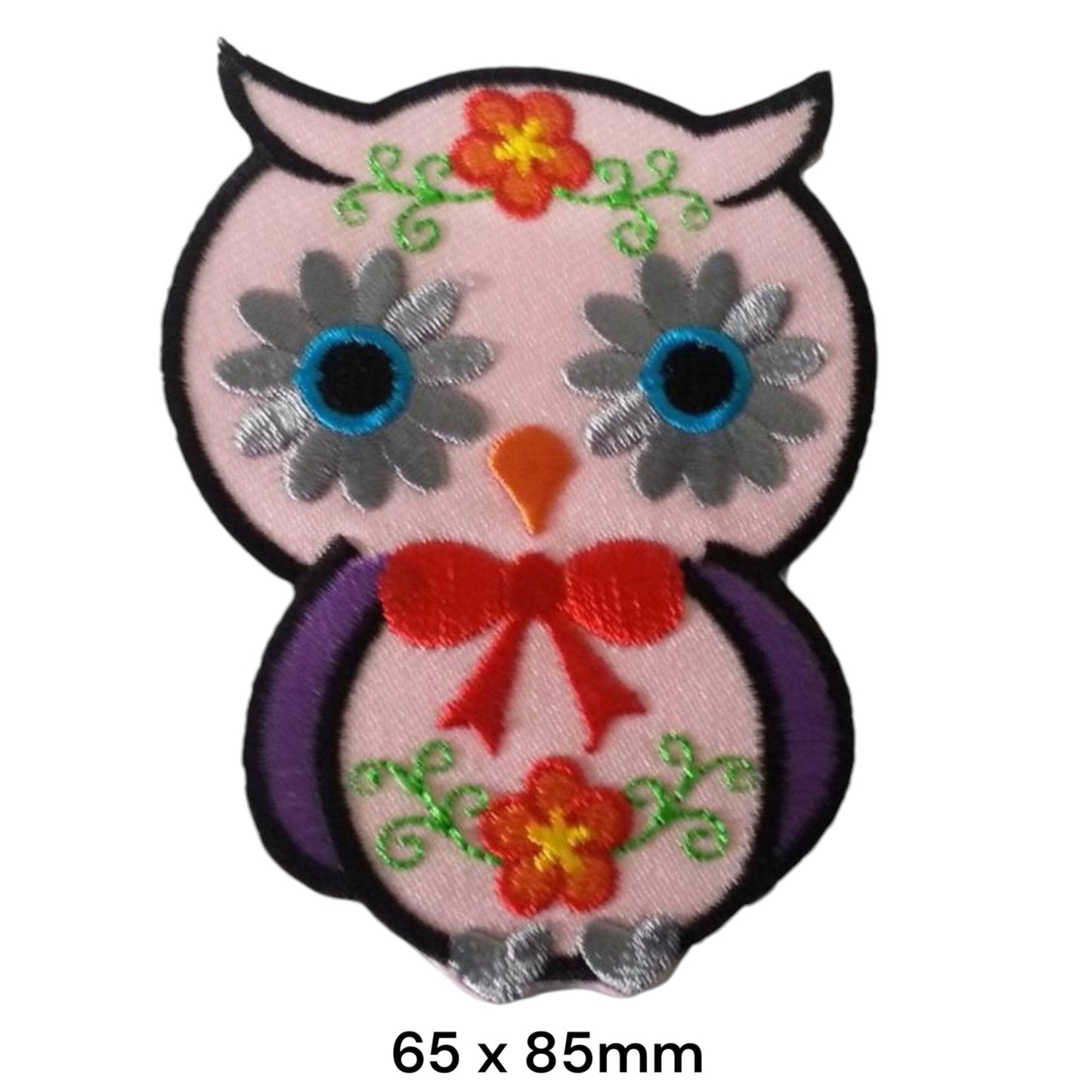 Sugar Skull Owl with Bow and Flowers Die-Cut Embroidered Patch 65x85mm – Pink, Purple, Grey, Red, Orange & Black