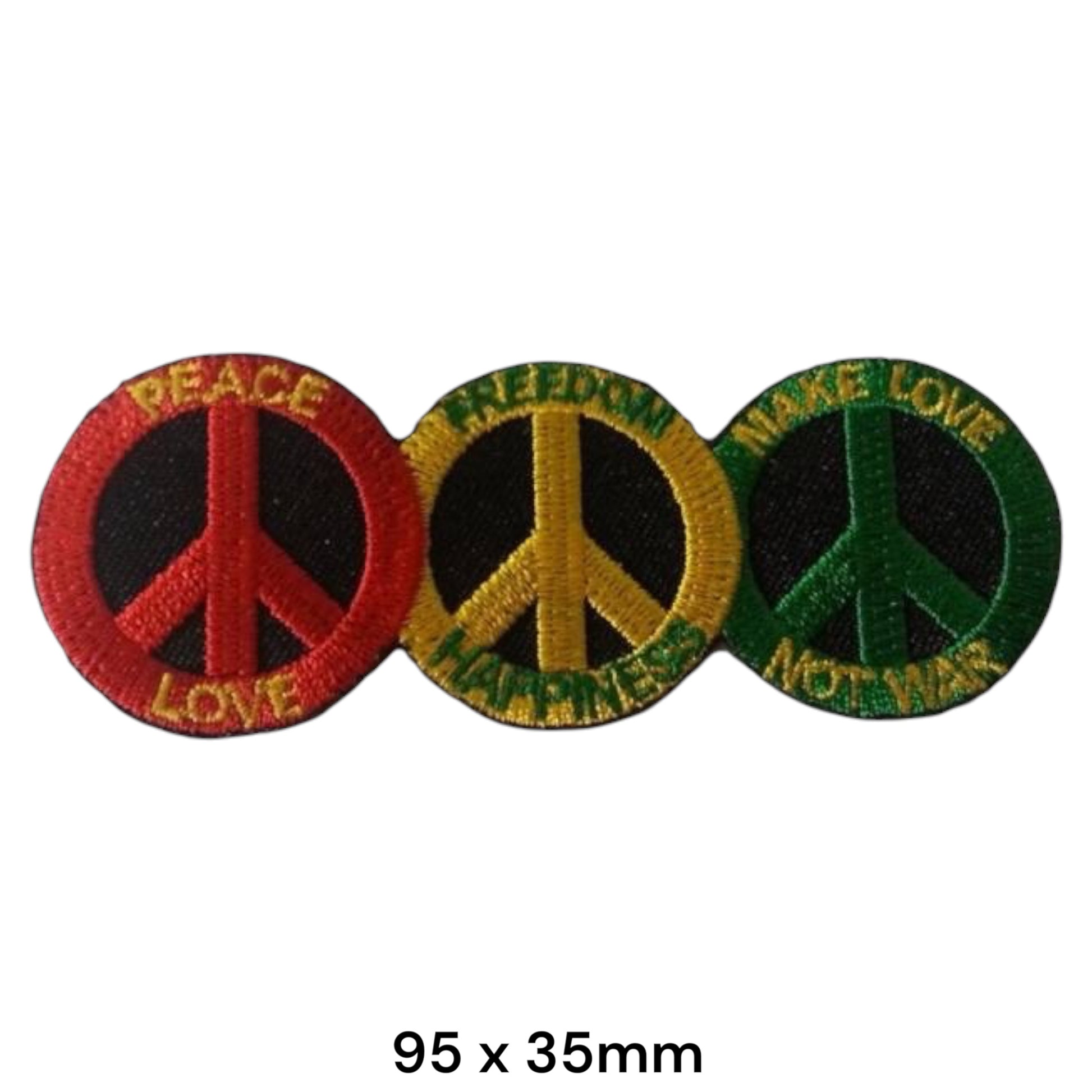 Peace Love Freedom Triple Peace Sign Rasta Embroidered Patch 95x35mm – Red, Yellow/Gold & Green
