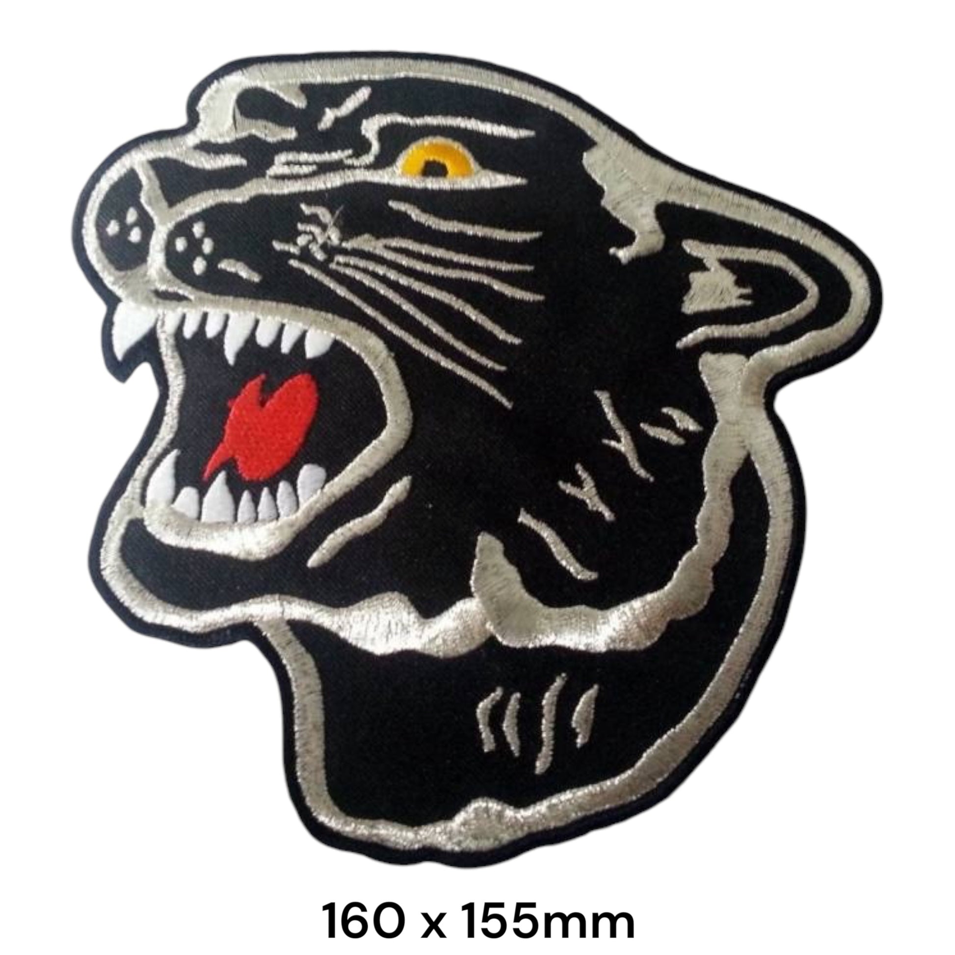Roaring Black Panther Head Large Die-Cut Embroidered Back Patch 160x155mm – Black, Silver/White, Yellow & Red