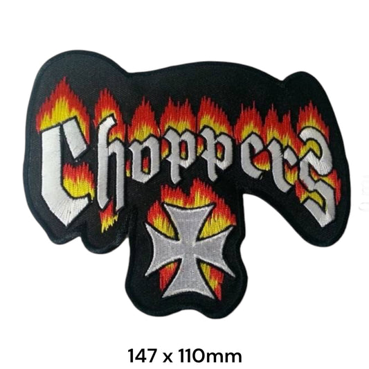 Choppers Gothic Script with Flames and Iron Cross Large Die-Cut Embroidered Back Patch 147x110mm – White/Silver, Red, Orange, Yellow & Black