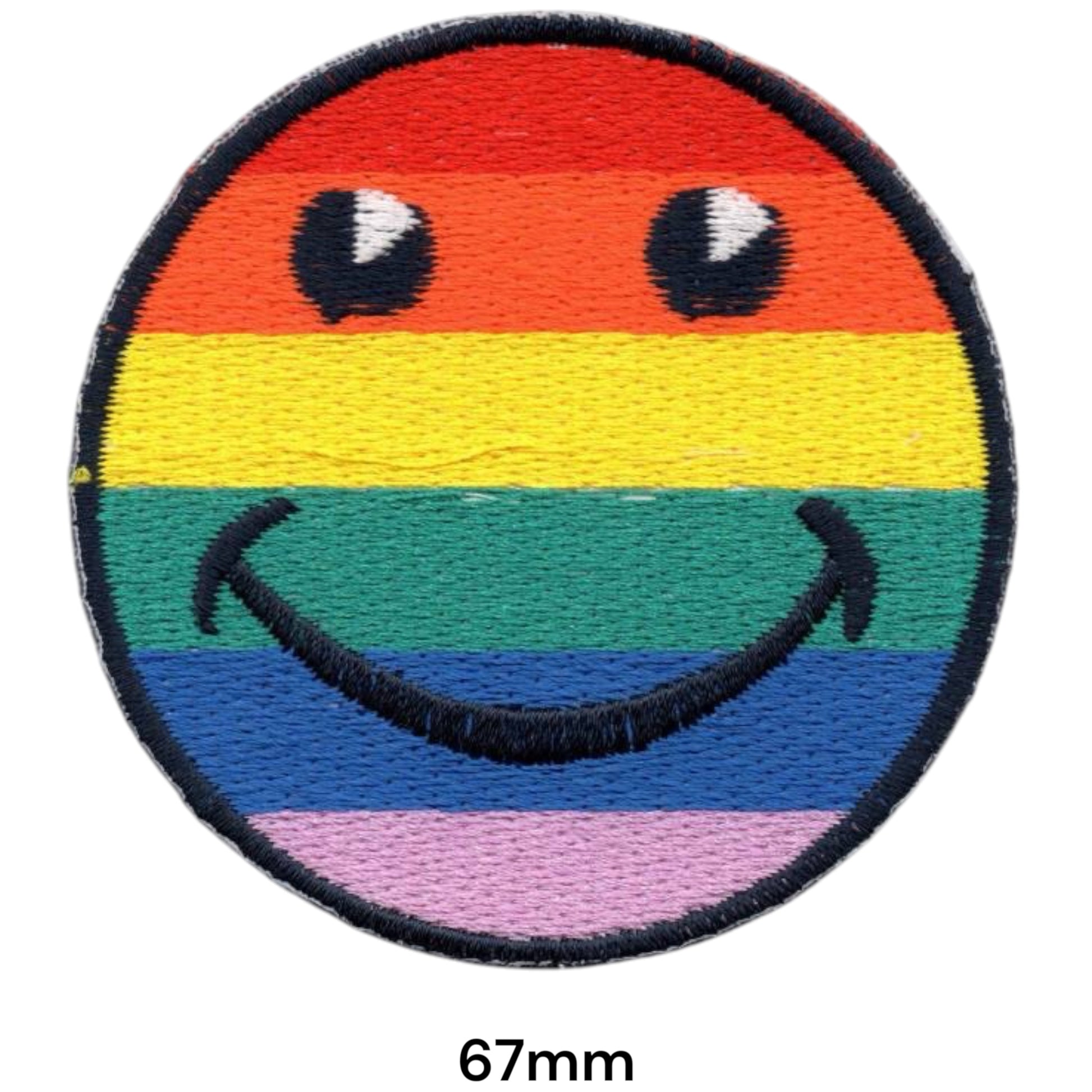 Rainbow Pride Smiley Face Round Embroidered Patch 67mm – Red, Orange, Yellow, Green, Blue, Pink & Black