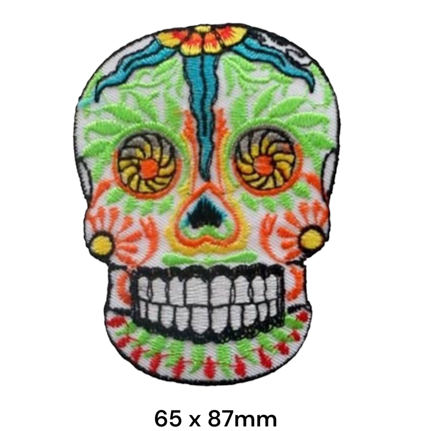 Colourful Sugar Skull Dia de los Muertos Die-Cut Embroidered Patch 65x87mm – White, Green, Orange, Blue, Yellow & Red
