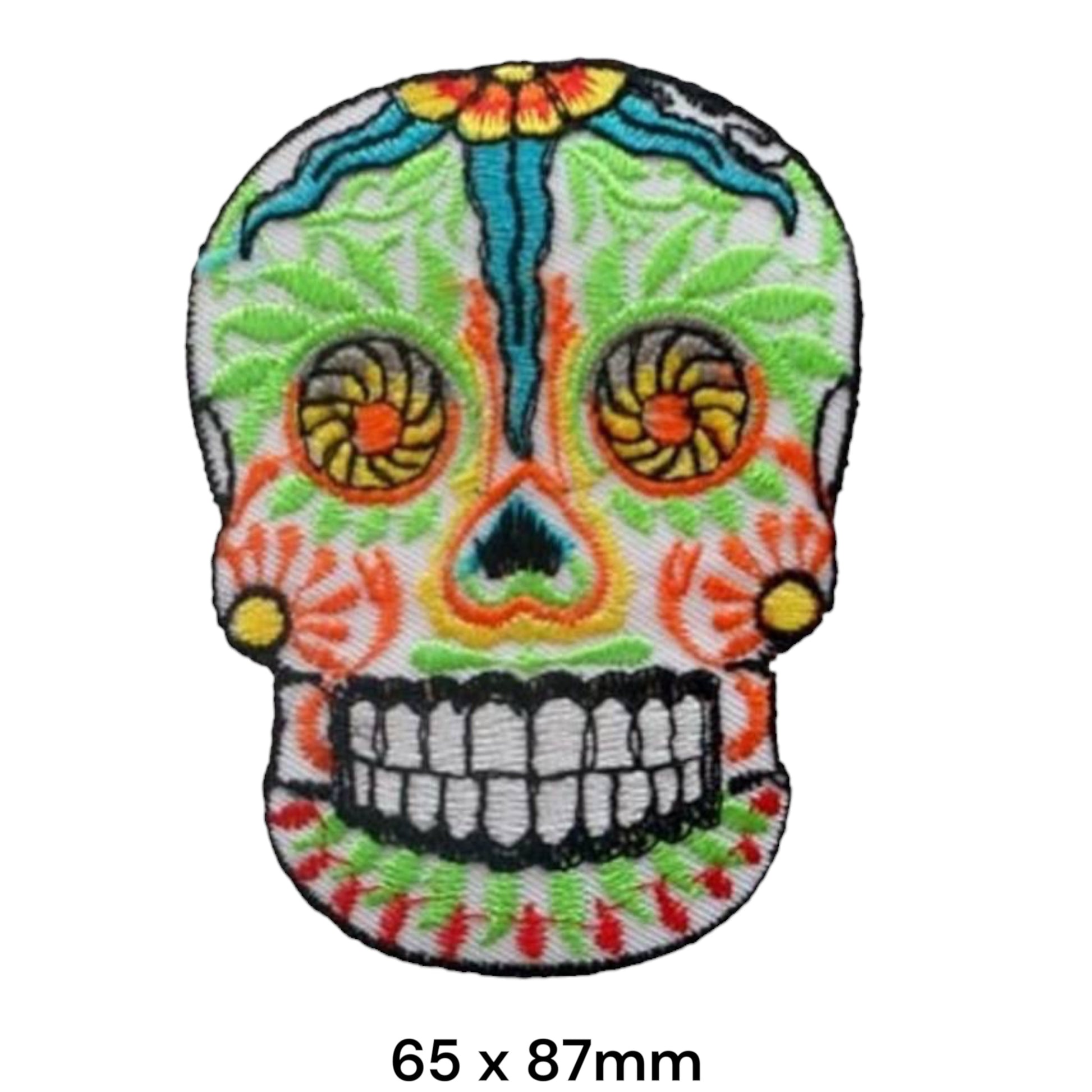 Colourful Sugar Skull Dia de los Muertos Die-Cut Embroidered Patch 65x87mm – White, Green, Orange, Blue, Yellow & Red