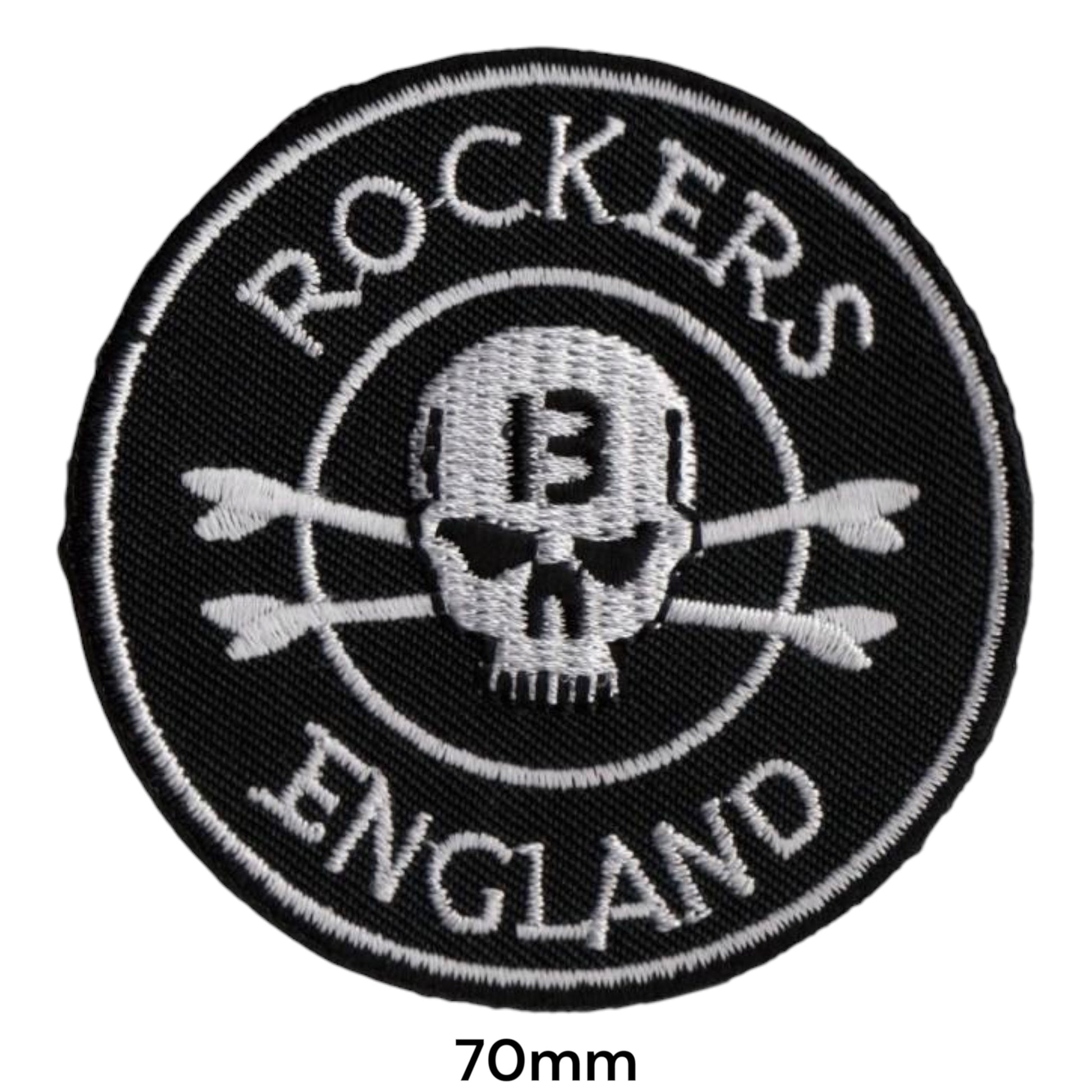 Rockers England Skull Lucky 13 Crossed Arrows Round Embroidered Patch 70mm – White/Silver & Black