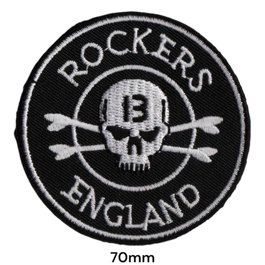 Rockers England Skull Lucky 13 Crossed Arrows Round Embroidered Patch 70mm – White/Silver & Black