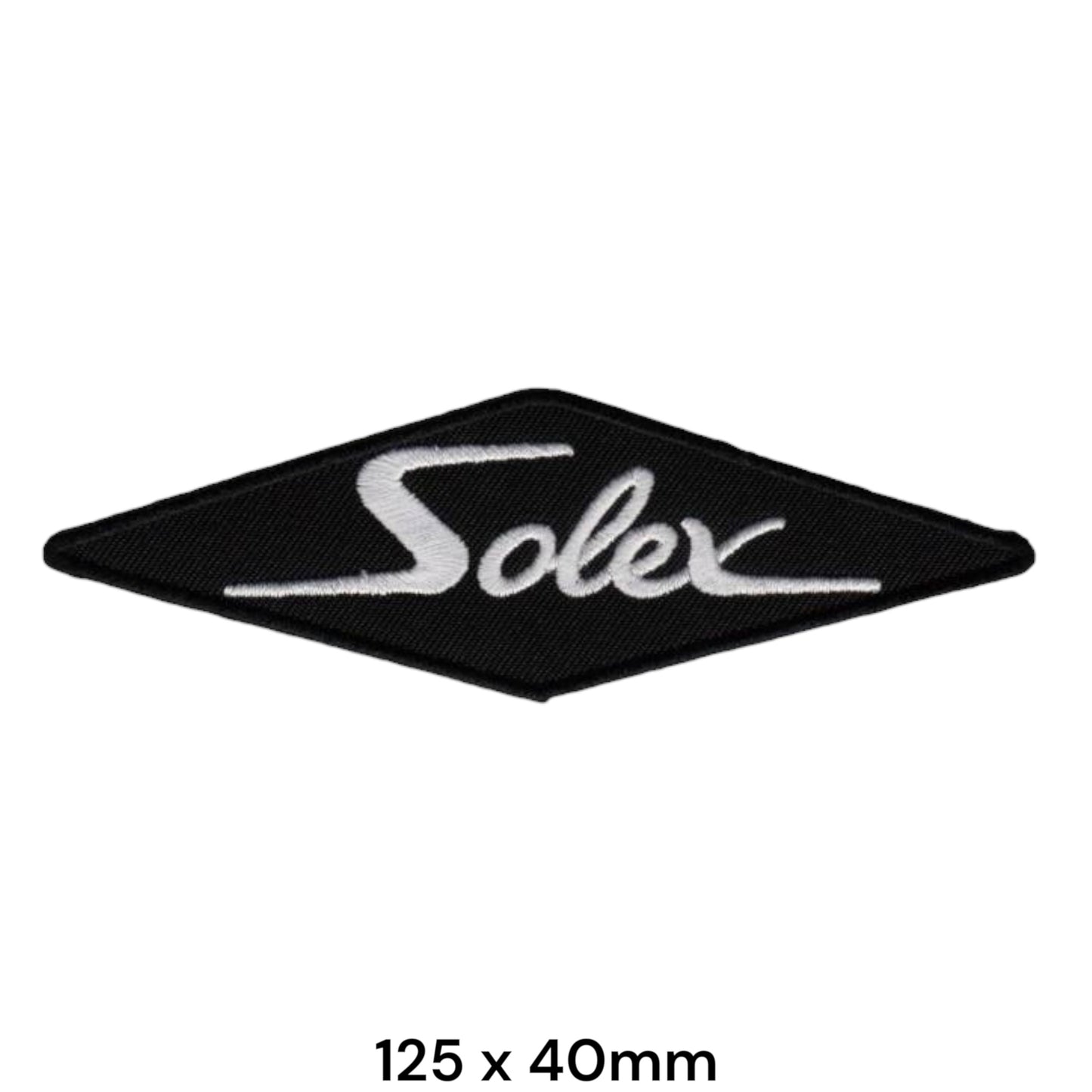 Solex Script Logo Diamond-Shape Embroidered Patch 125x40mm – White/Silver & Black