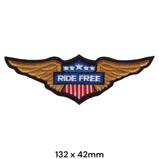 Ride Free American Eagle Wings Shield Die-Cut Embroidered Patch 132x42mm – Gold, Blue, Red, White & Black