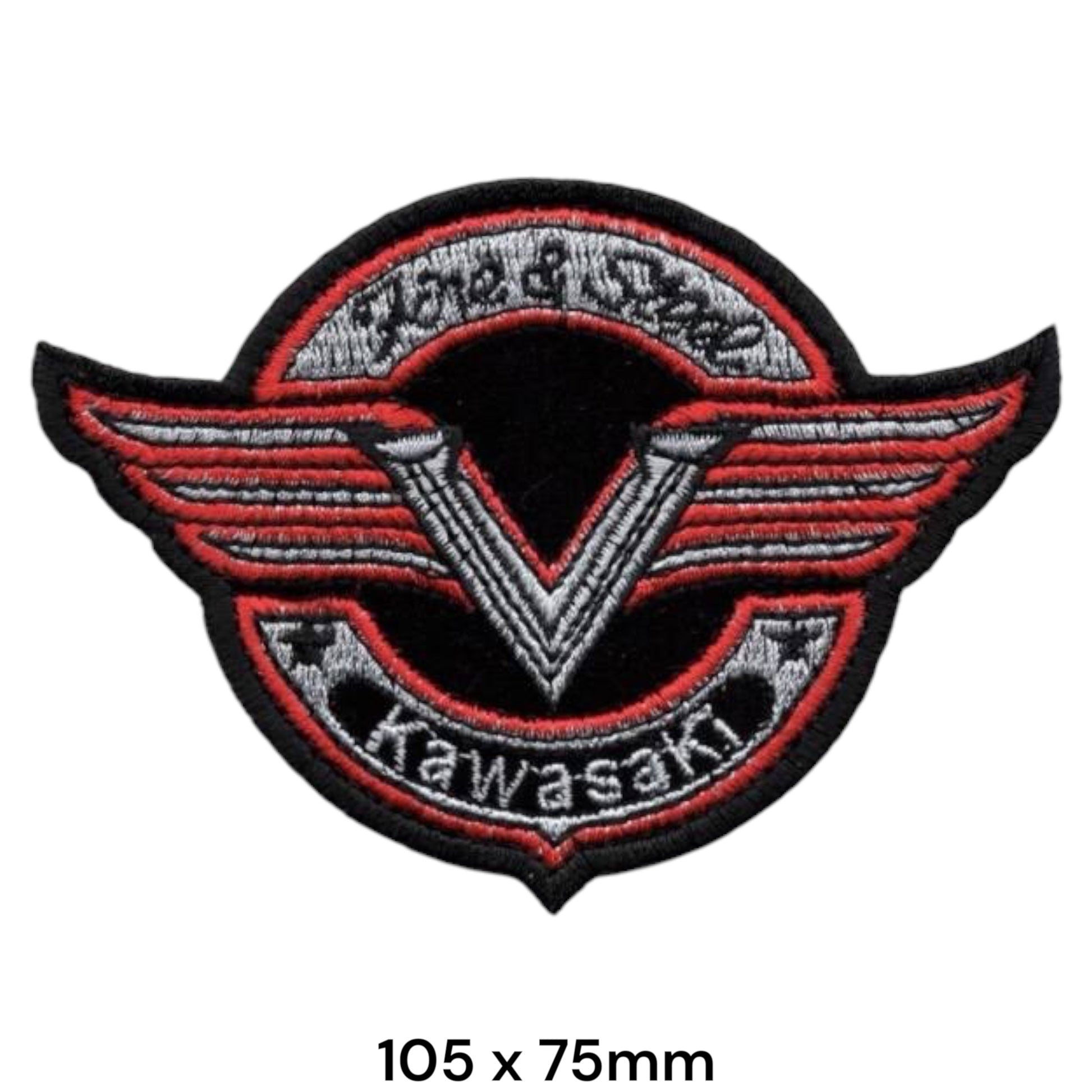 Kawasaki Fire and Steel V-Wings Circle Die-Cut Embroidered Patch 105x75mm – Silver, Red & Black
