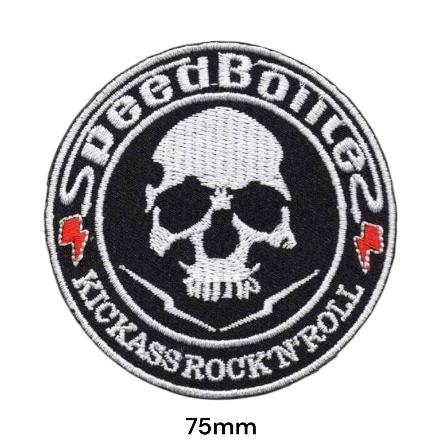 SpeedBolts Kickass Rock'n'Roll Skull Round Embroidered Patch 75mm – White, Red & Black