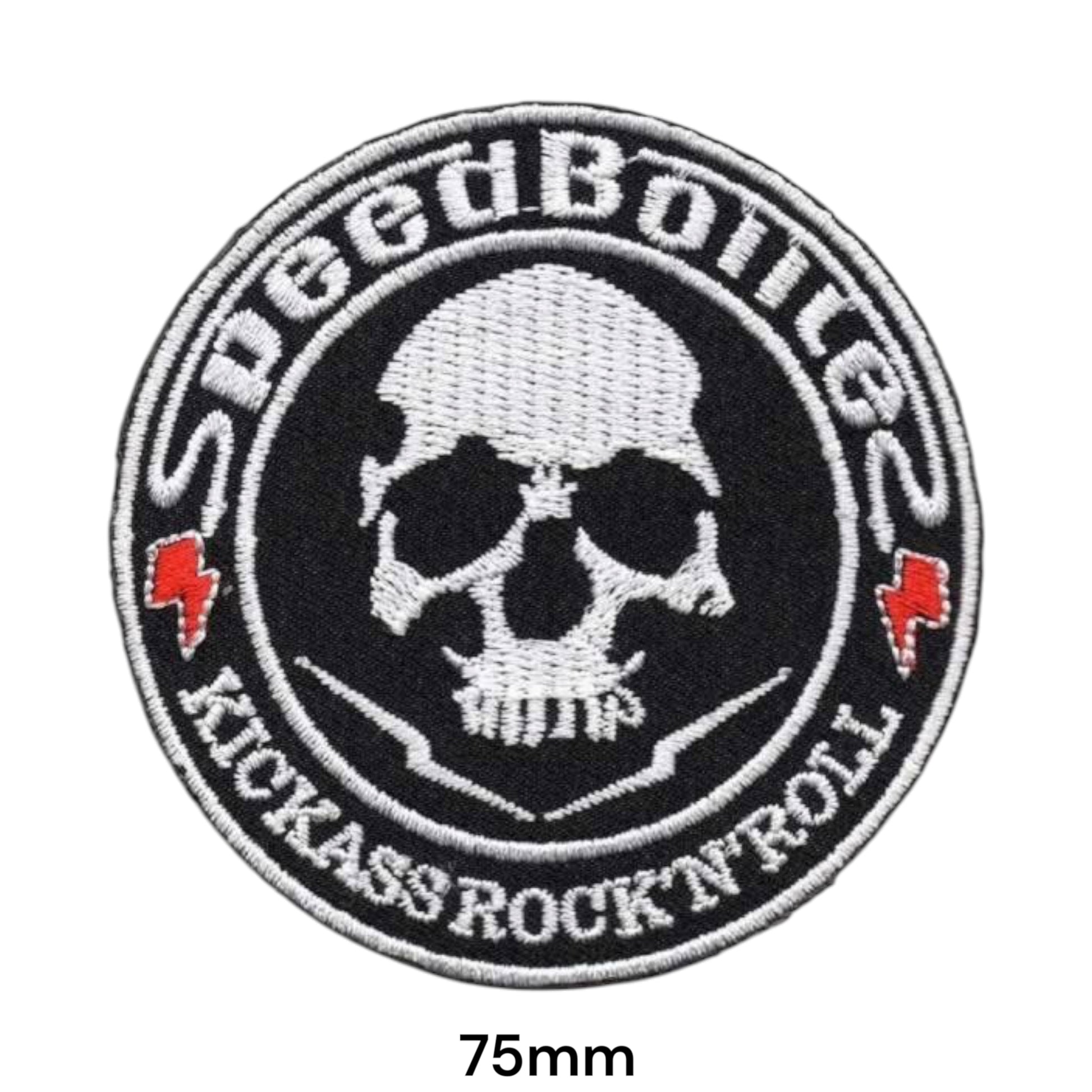 SpeedBolts Kickass Rock'n'Roll Skull Round Embroidered Patch 75mm – White, Red & Black