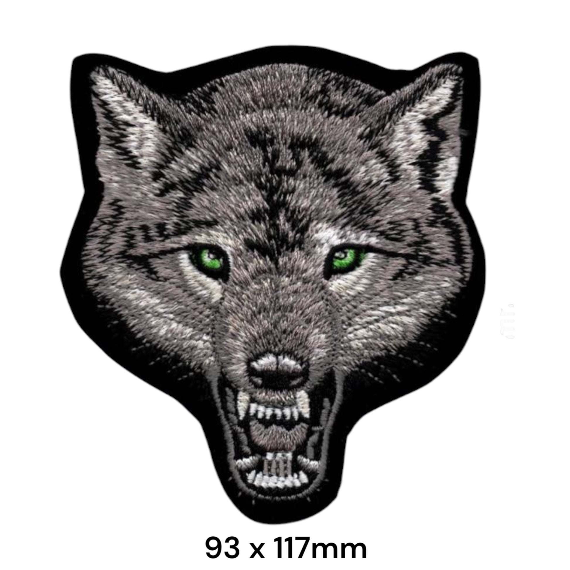 Snarling Wolf Head Die-Cut Embroidered Patch 93x117mm – Grey, Green & Black