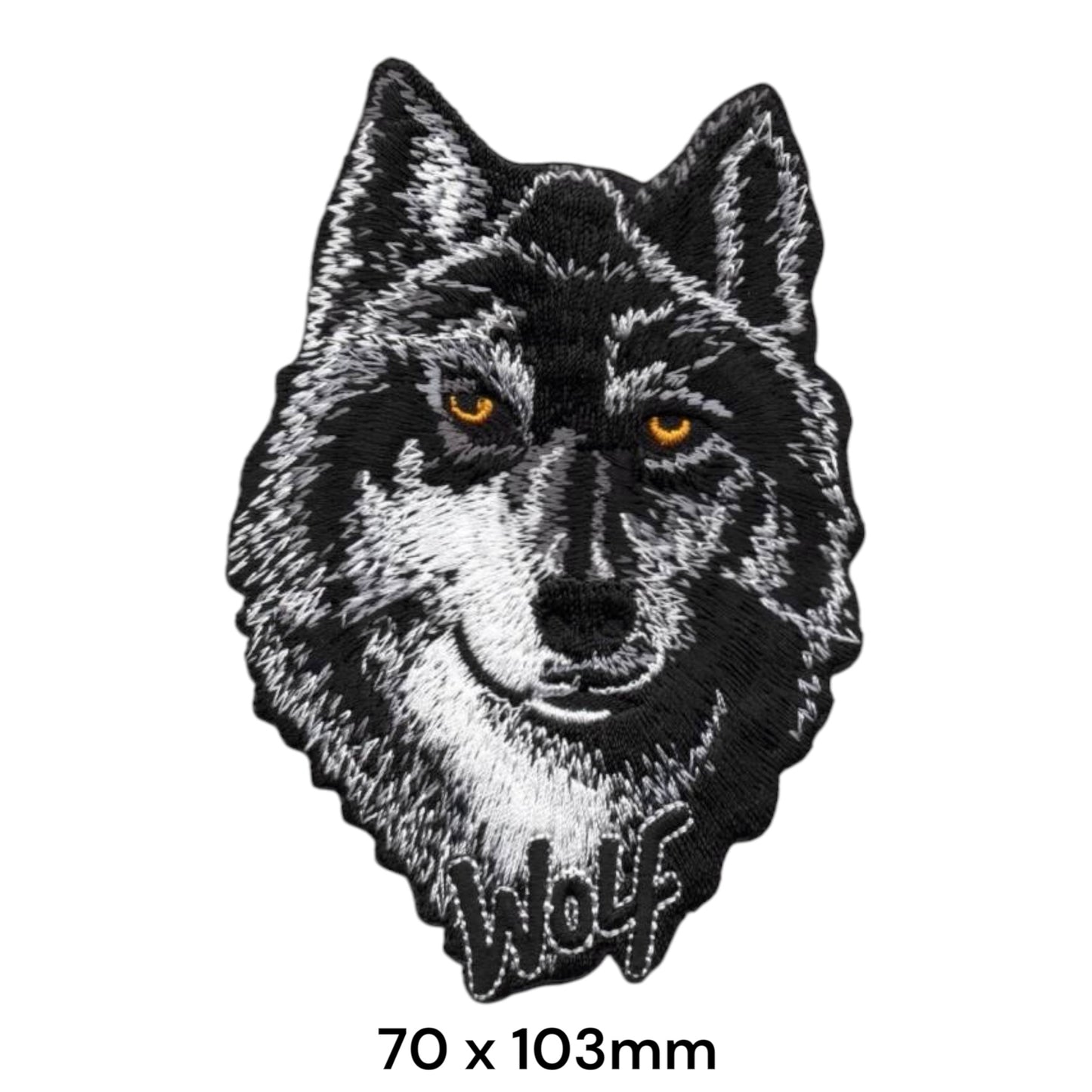 Wolf Portrait Die-Cut Embroidered Patch 70x103mm – Black, Grey, White & Orange