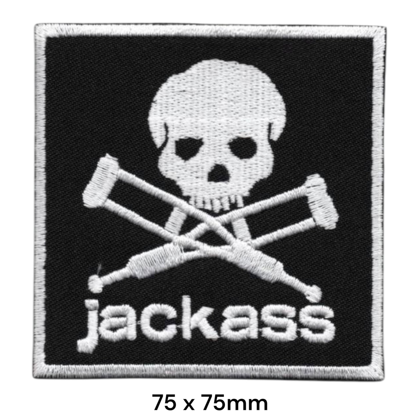Jackass Skull and Crossed Crutches Square Embroidered Patch 75x75mm – White/Silver & Black