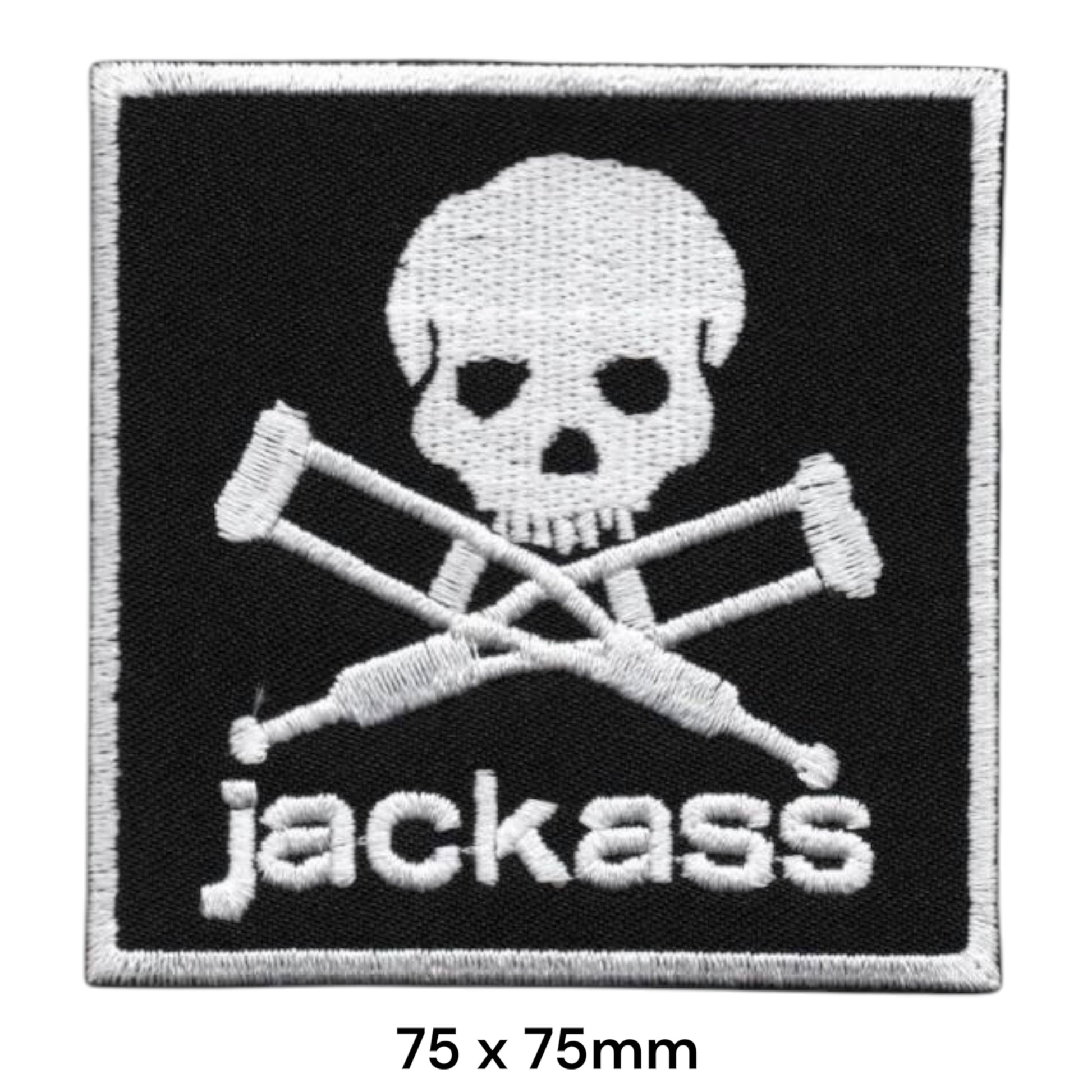 Jackass Skull and Crossed Crutches Square Embroidered Patch 75x75mm – White/Silver & Black