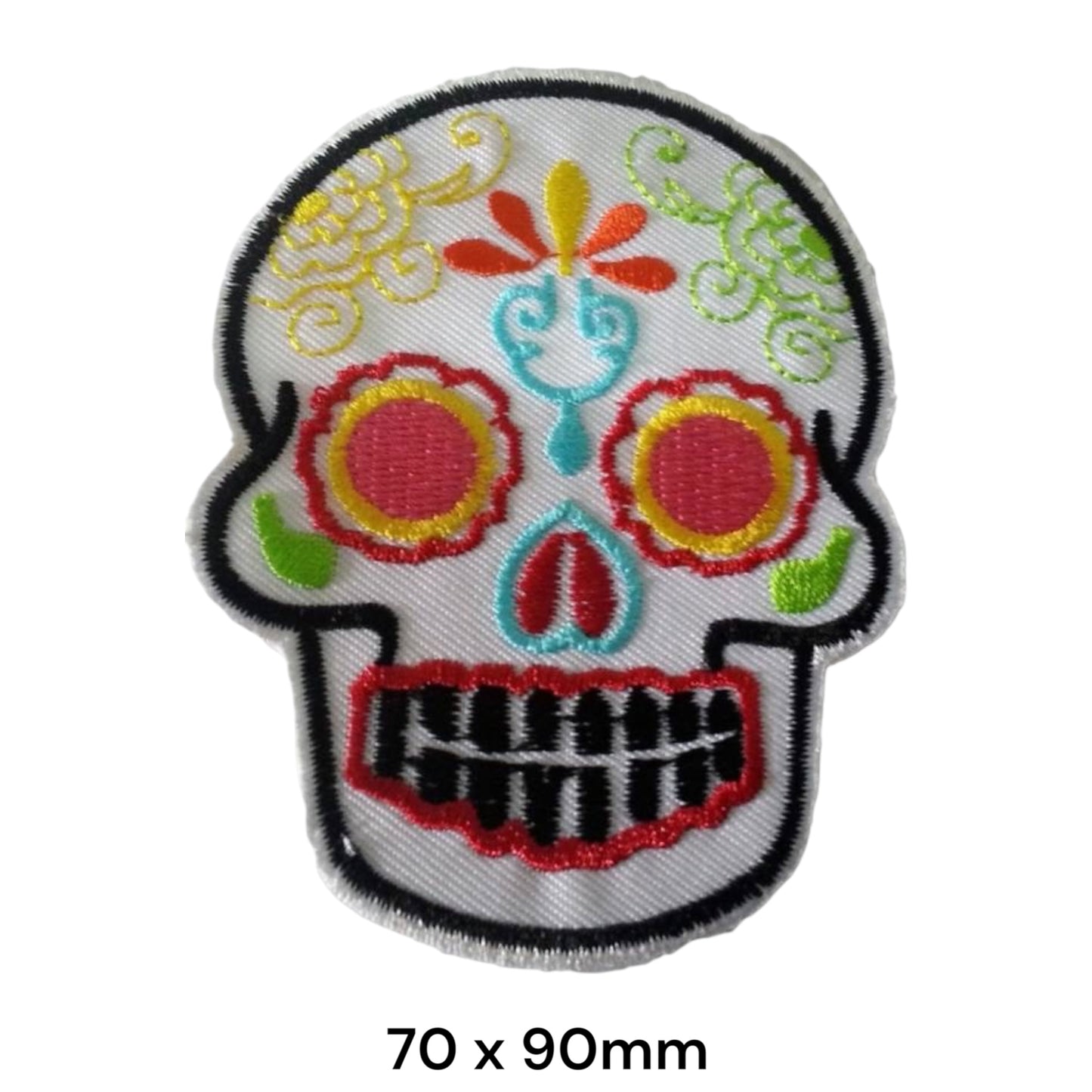 Colourful Sugar Skull Sunflower Eyes Die-Cut Embroidered Patch 70x90mm – White, Red, Yellow, Orange, Blue & Green