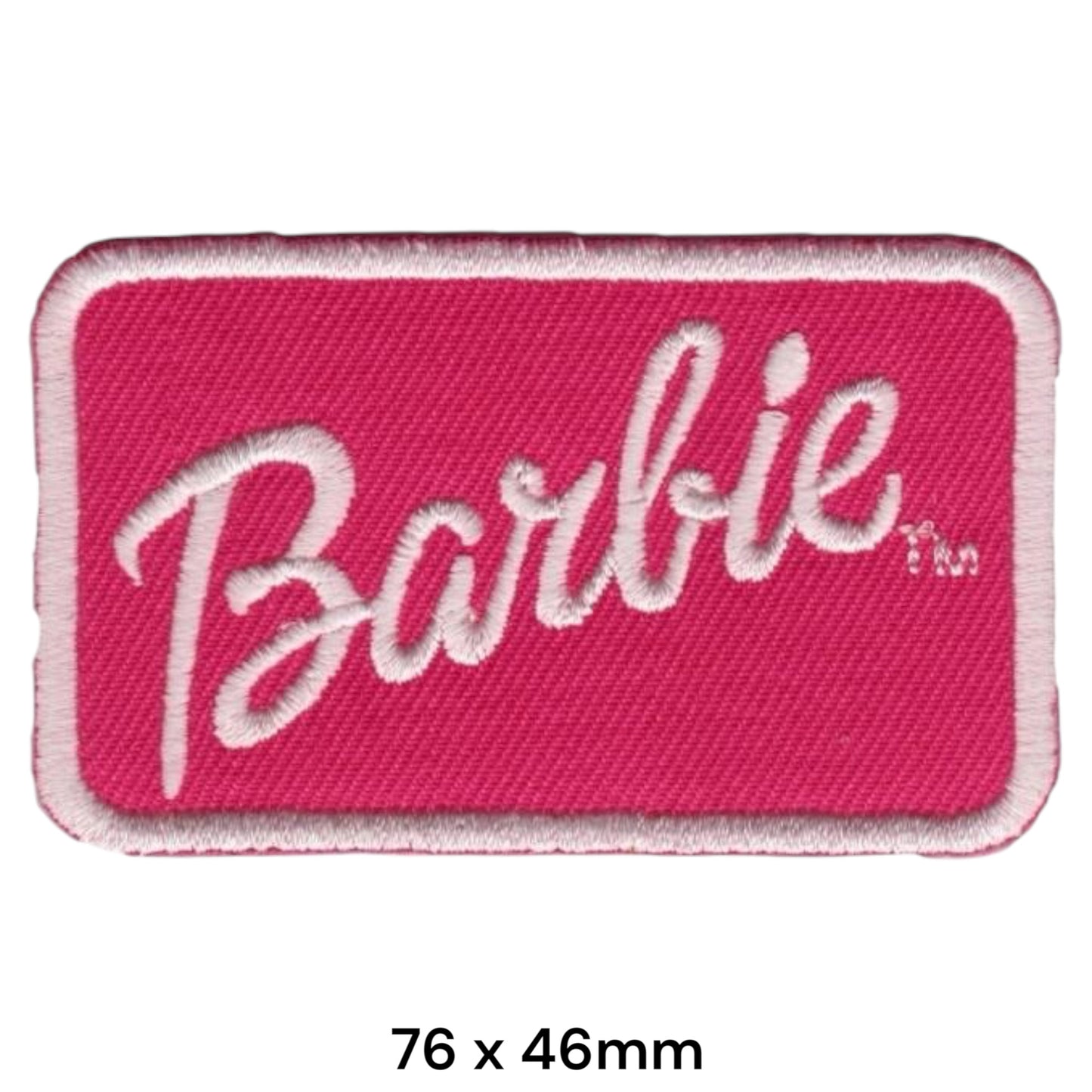 Barbie Script Logo Rectangular Embroidered Patch 76x46mm – Pink & White