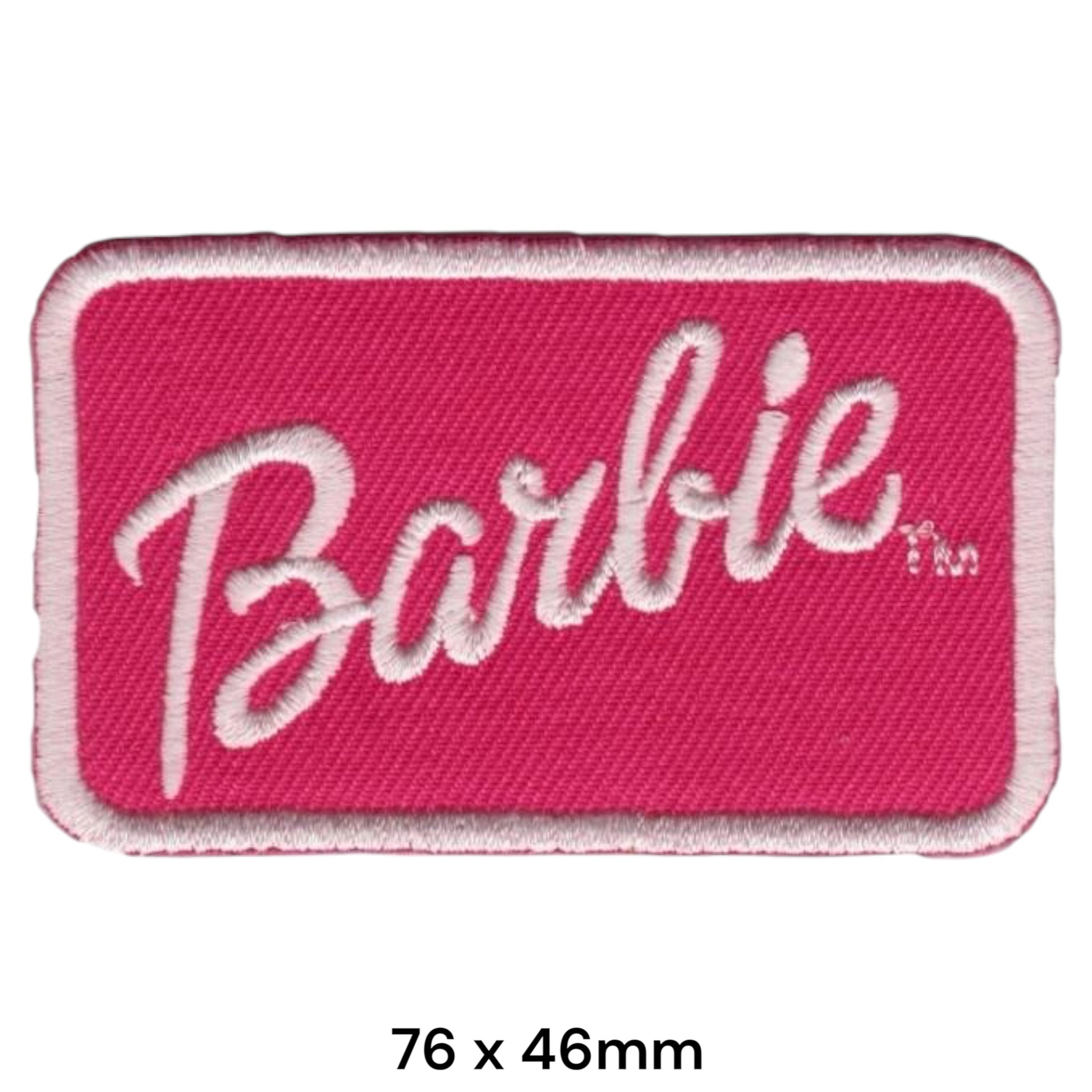 Barbie Script Logo Rectangular Embroidered Patch 76x46mm – Pink & White