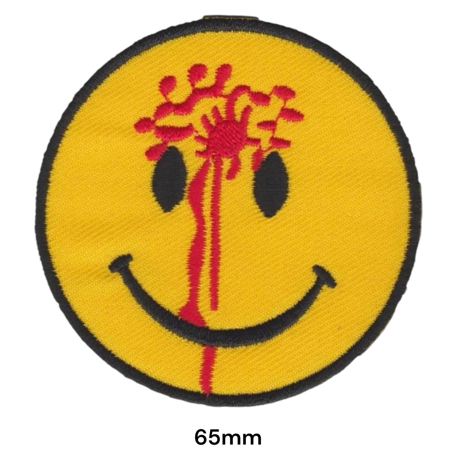 Bloody Bullet Hole Smiley Face Round Embroidered Patch 65mm – Yellow, Red & Black