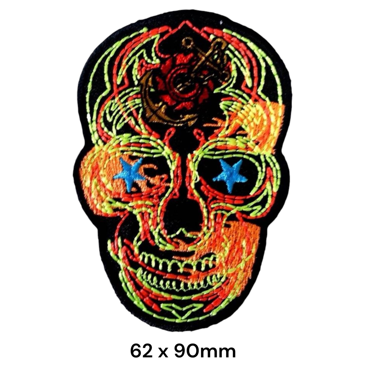 Neon Sugar Skull Rose Anchor Die-Cut Embroidered Patch 62x90mm – Orange, Yellow, Green, Red, Blue & Black