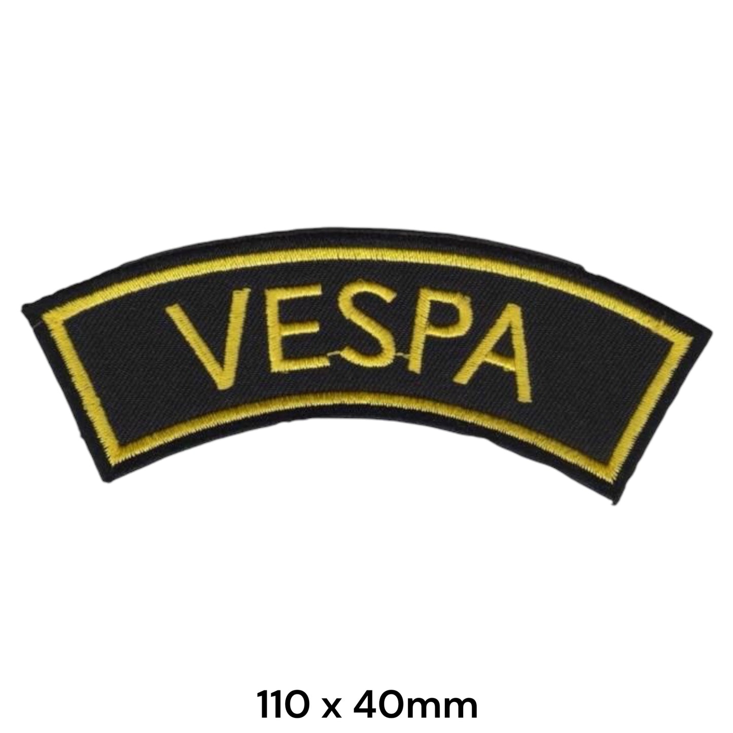 Vespa Arched Banner Embroidered Patch 110x40mm – Gold & Black