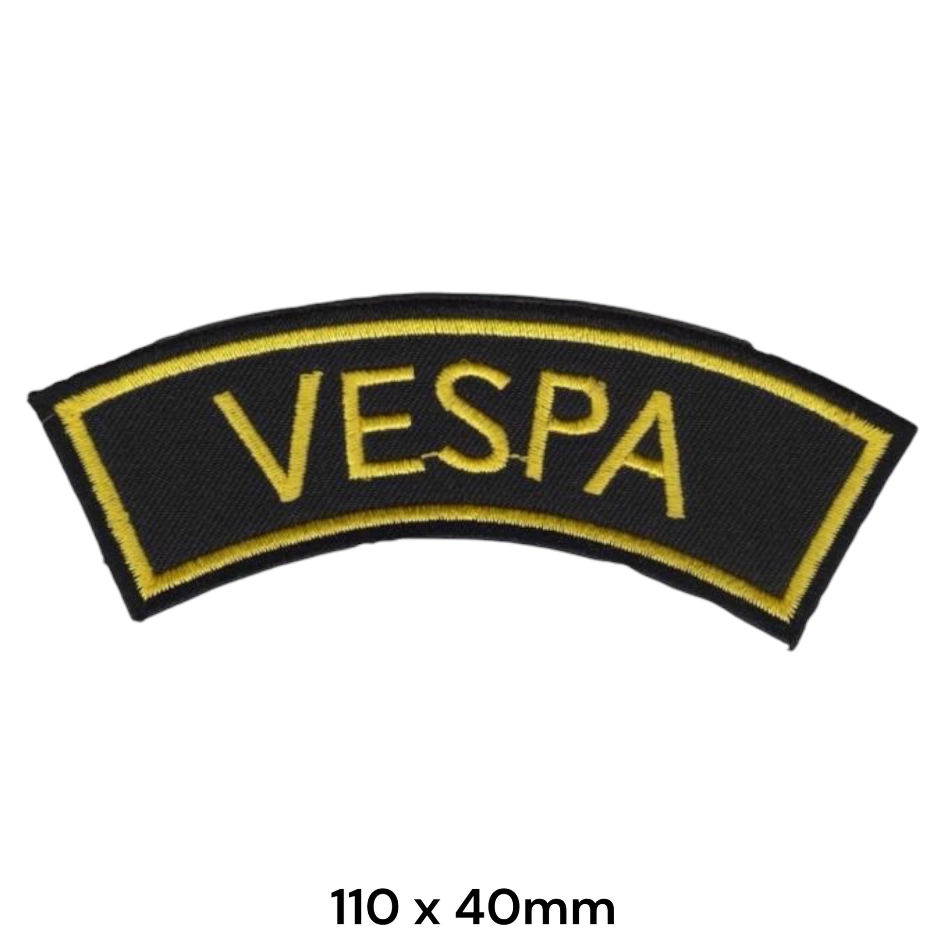 Vespa Arched Banner Embroidered Patch 110x40mm – Gold & Black