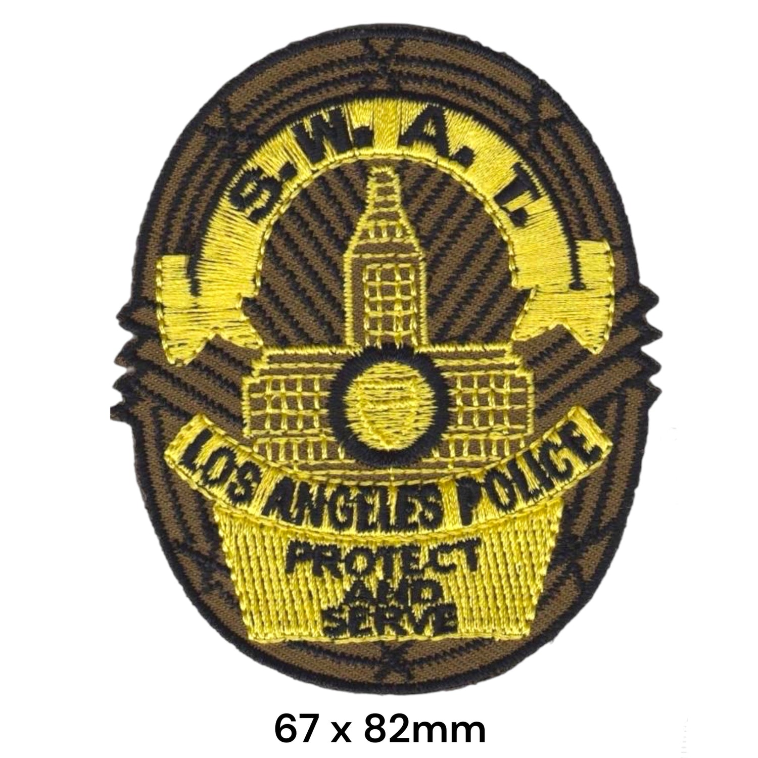 LAPD SWAT Los Angeles Police Protect and Serve Badge Oval Embroidered Patch 67x82mm – Gold & Brown
